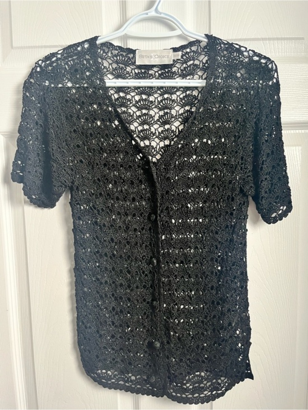 Vintage Black Crochet Top Buttoned See Through Cotton Blouse Short Sleeve women